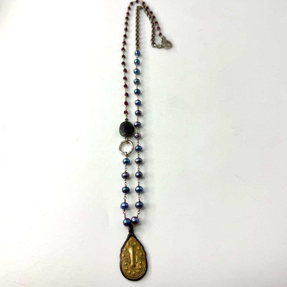 Vintage Brass Diamond Shaped Pendant Necklace, Asymmetrical Blue Pearl and Garne